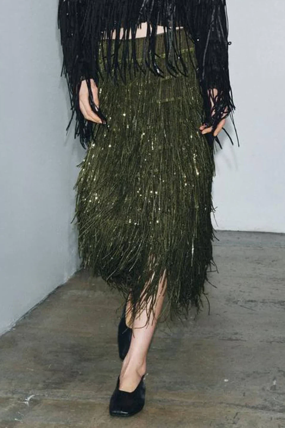 Zara Sequin Fringe Skirt Green Size S - photo 5