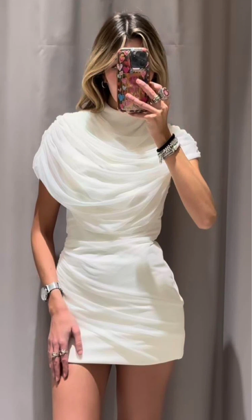 Zara White Ruched Mock Neck Mini Dress new w tags - photo 2