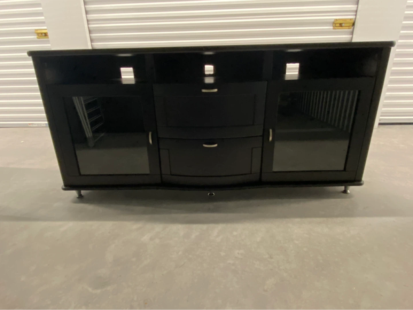Black TV Stand with Glass Doors and Drawers