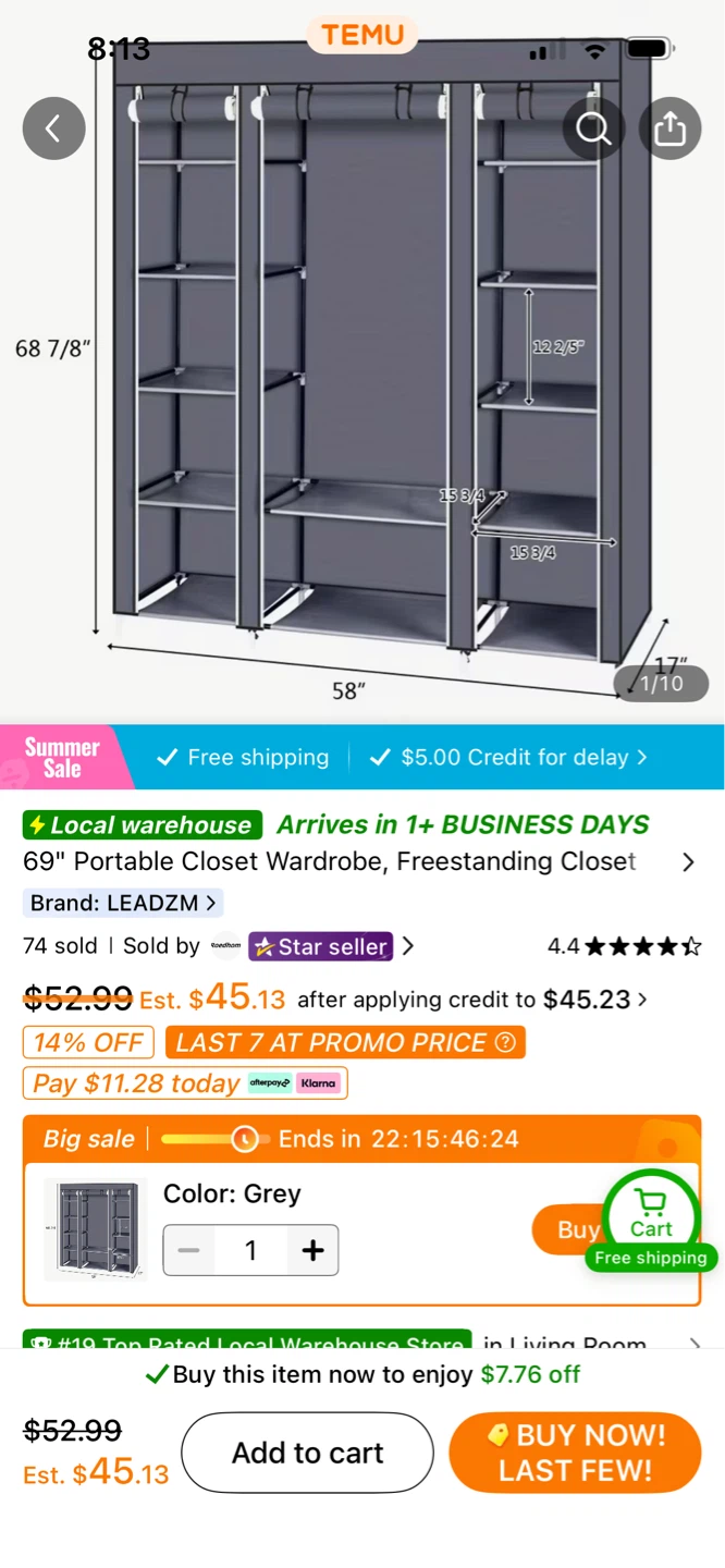 LEADZM Portable Closet Wardrobe - Grey - photo 3