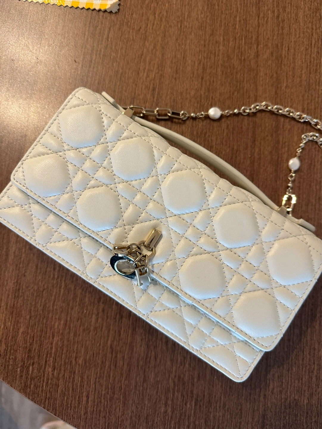 White Quilted Shoulder Bag with Pearl Chain