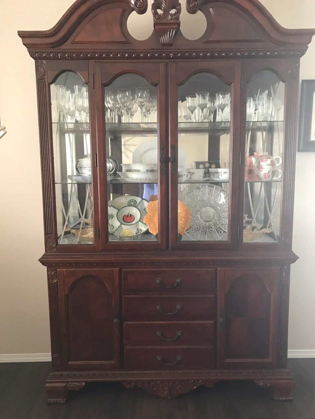 Vintage Cherry Wood Dining Table Set with Hutch