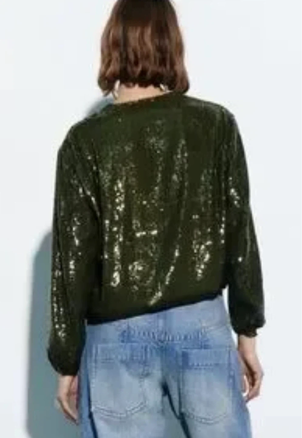 L - like NEW! ZARA Green Sequin Bomber Jacket - photo 4