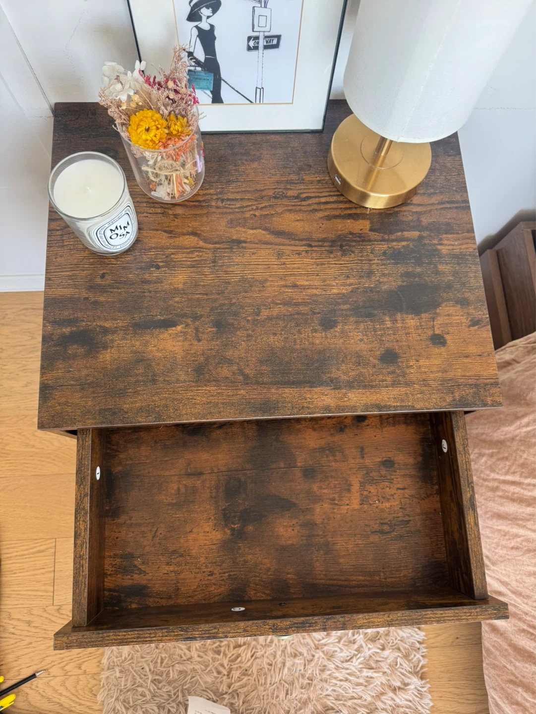 Brown Wood Nightstand with Drawer and Shelf - photo 3