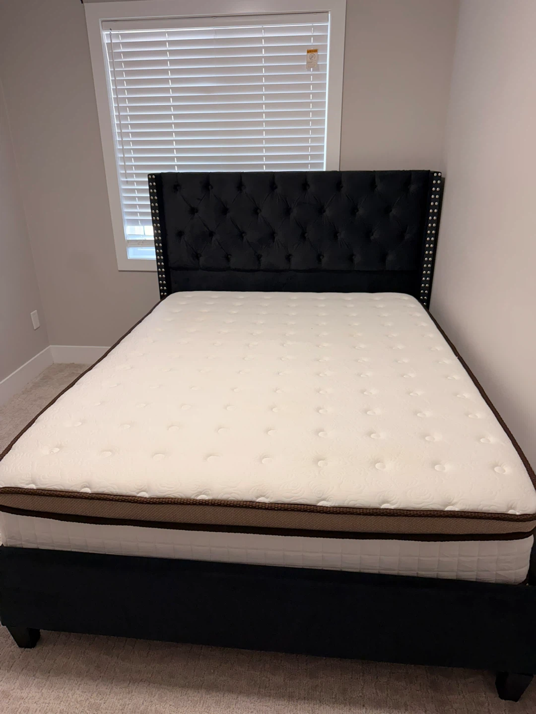 Tufted Upholstered Wingback Headboard Bed Frame and Mattress