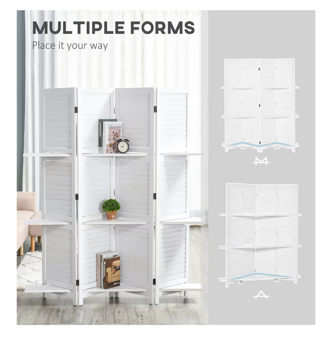 HOMCOM 4 Panel Room Divider with Display Shelf - White - photo 4