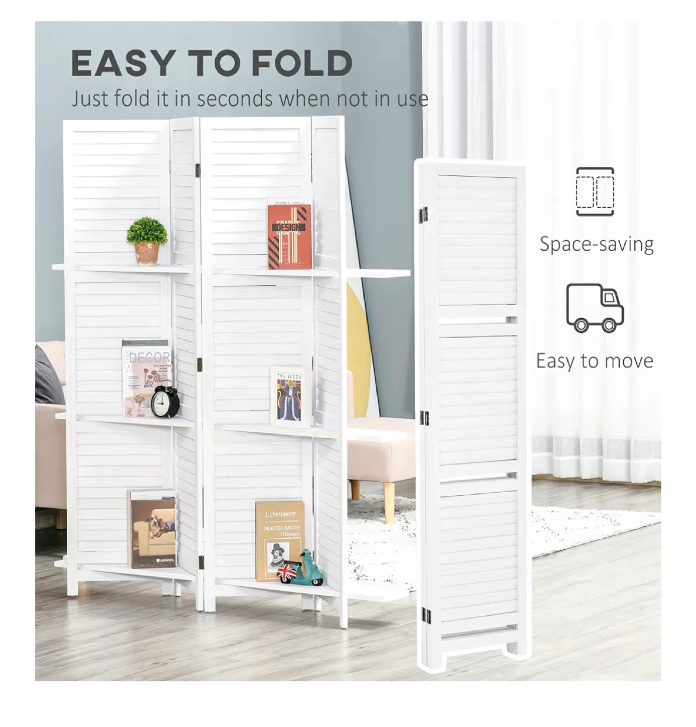 HOMCOM 4 Panel Room Divider with Display Shelf - White - photo 5