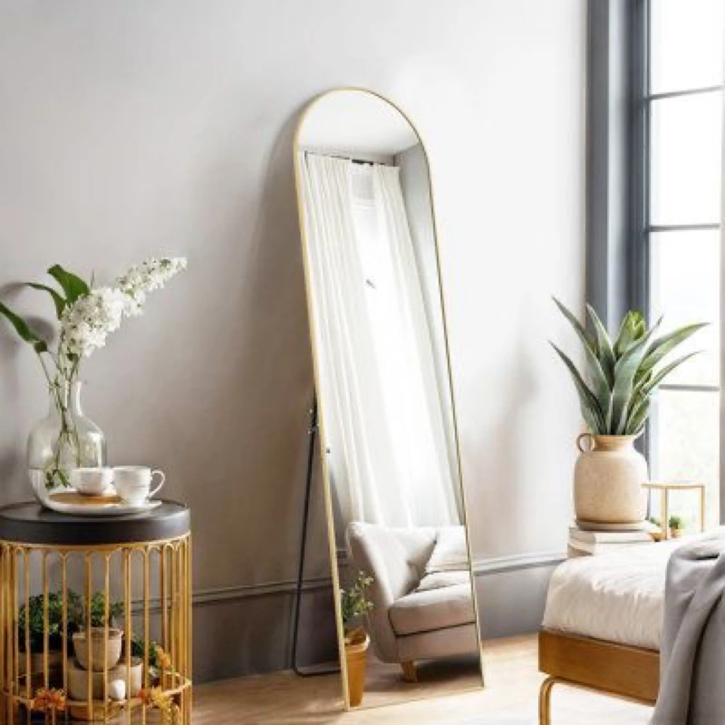 Arched Floor Mirror with Gold Frame