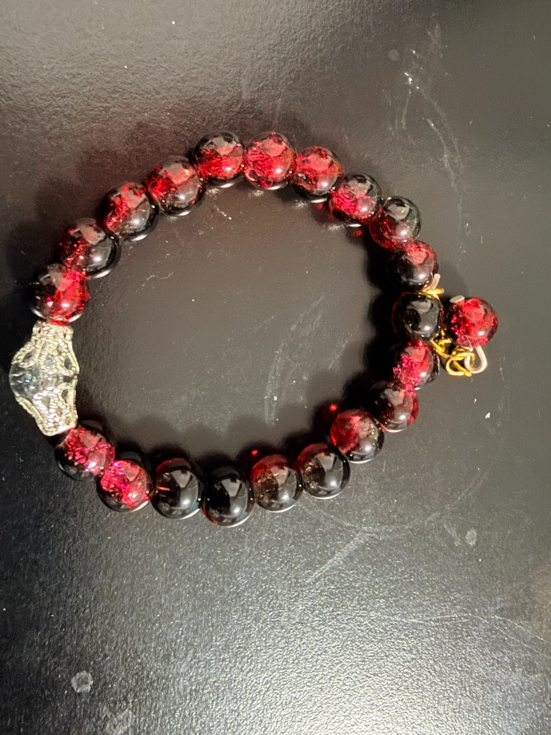 Red Beaded Bracelet with Charm ( handmade)