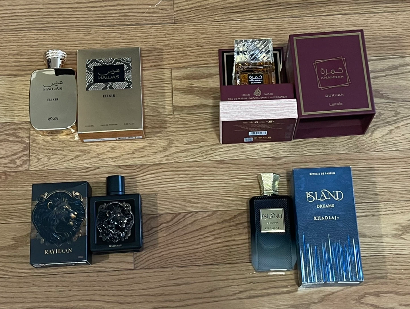 Lattafa Khamrah, Hawas Elixir, Rayhaan, Island Dreams Perfumes
