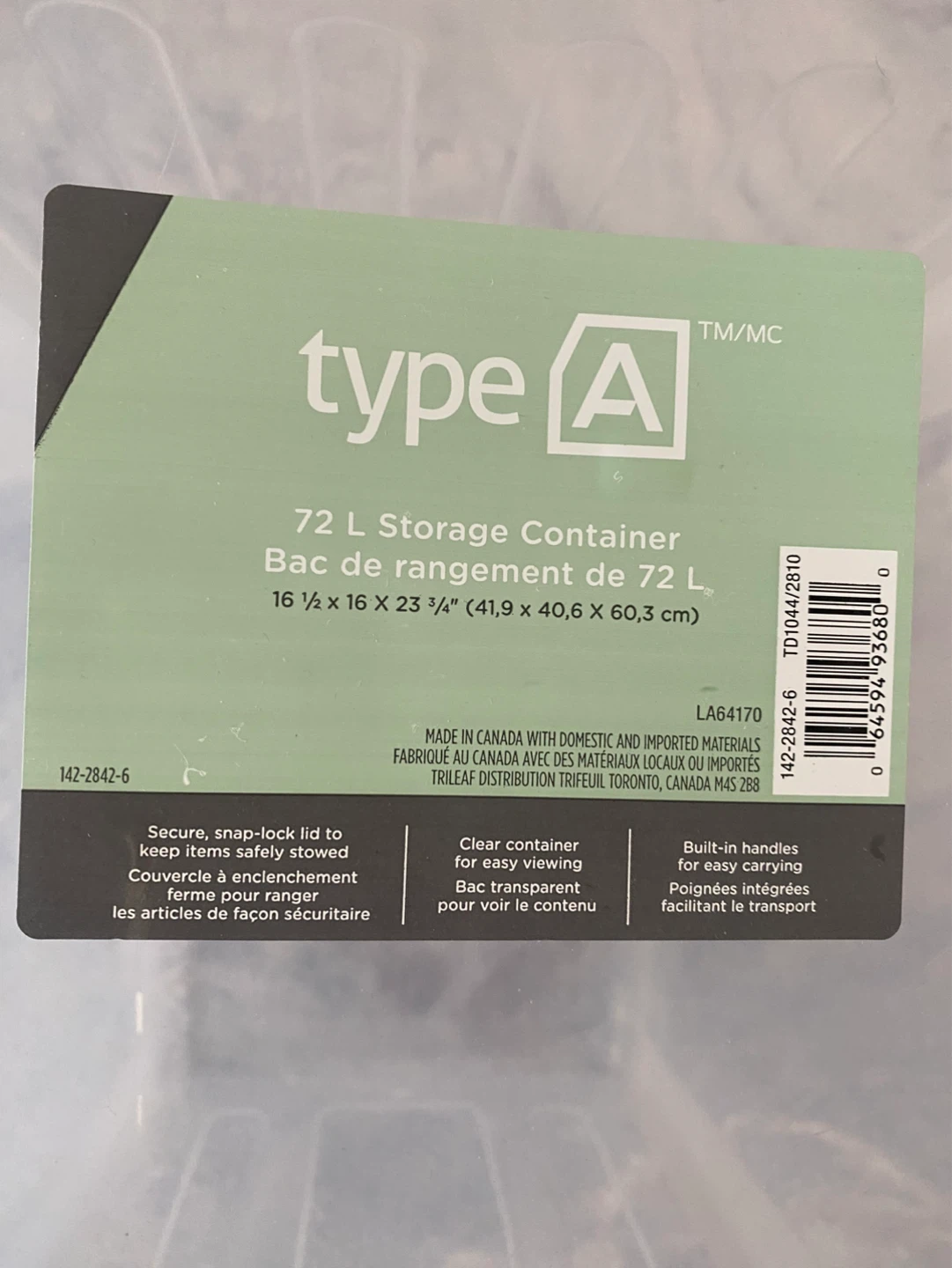 Type A 72 L Storage Container with Lid