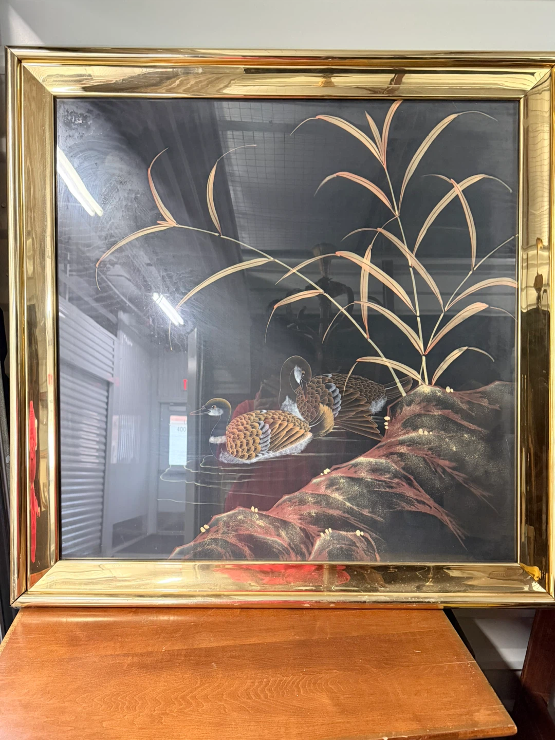 VTG Japanese Embroidered Panel  “Ducks&Weeds” in gold frame - photo 2