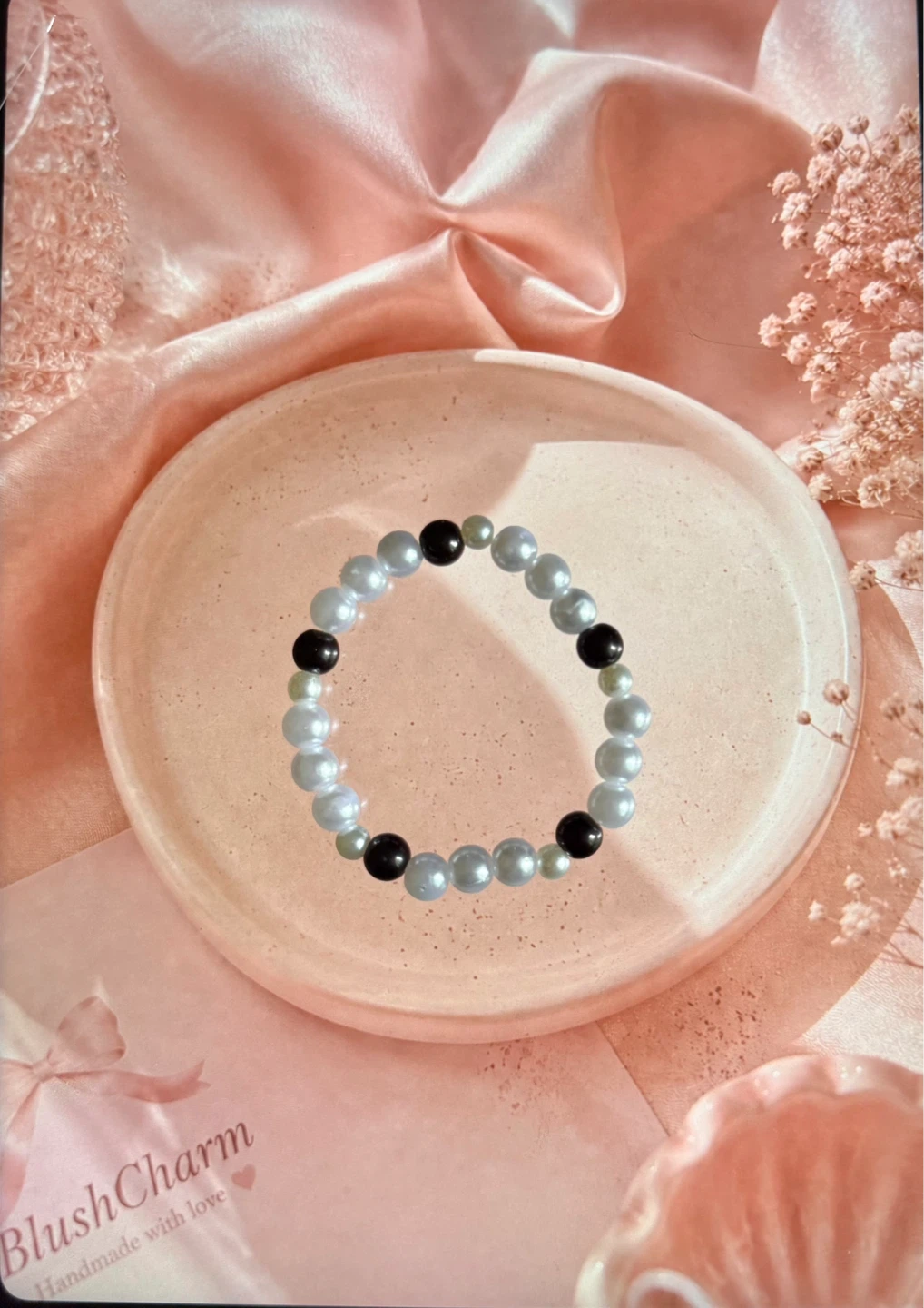 Handmade Pearl and Black Bead Bracelet