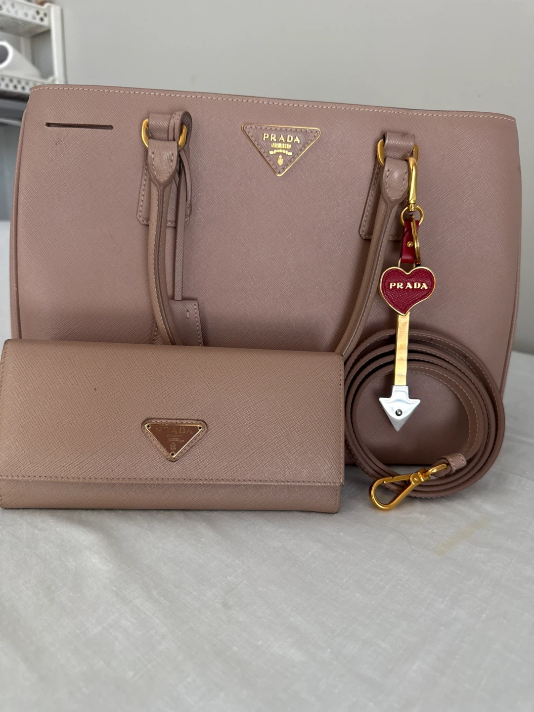 Prada Pink Saffiano Leather Tote Bag with Wallet and Strap