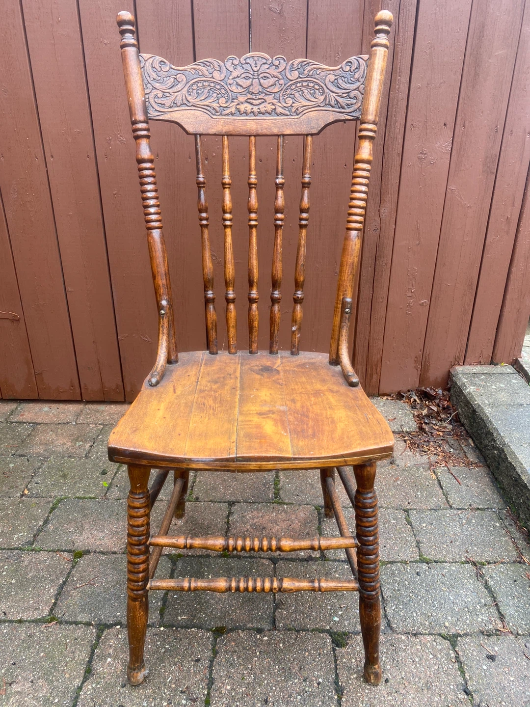 Vintage Wood Chair with Carved Face Detail