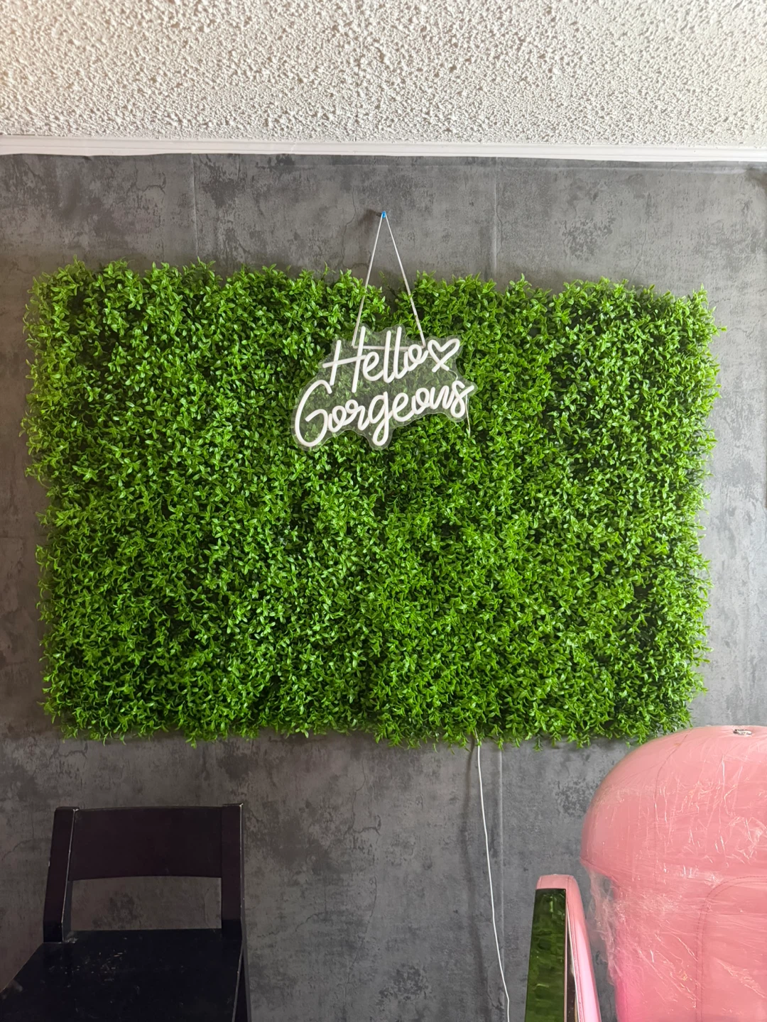 Hello Gorgeous Neon Sign with Greenery Wall Panel