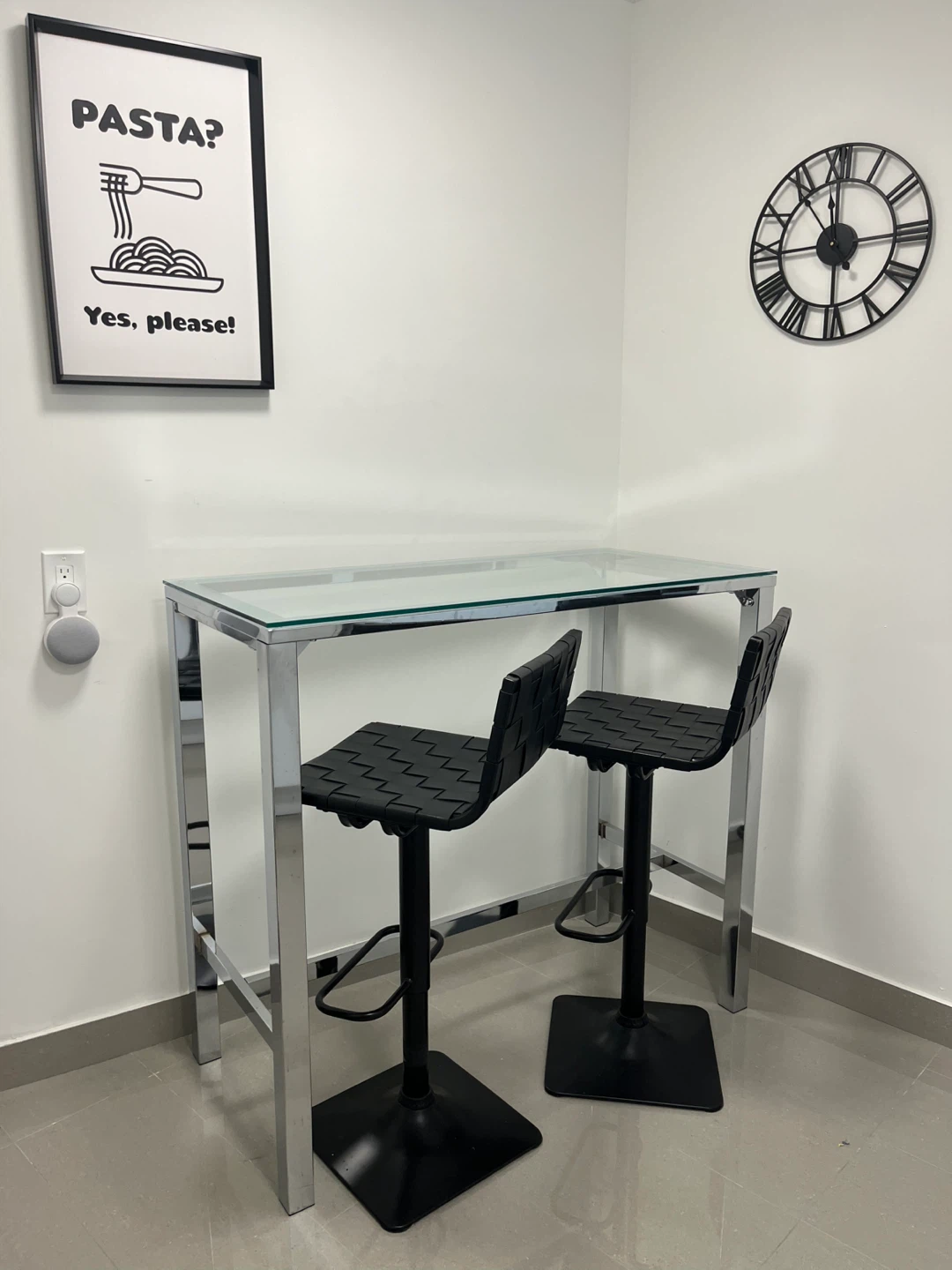 Chrome and Glass Bar Table with 2 Black Stools - photo 2