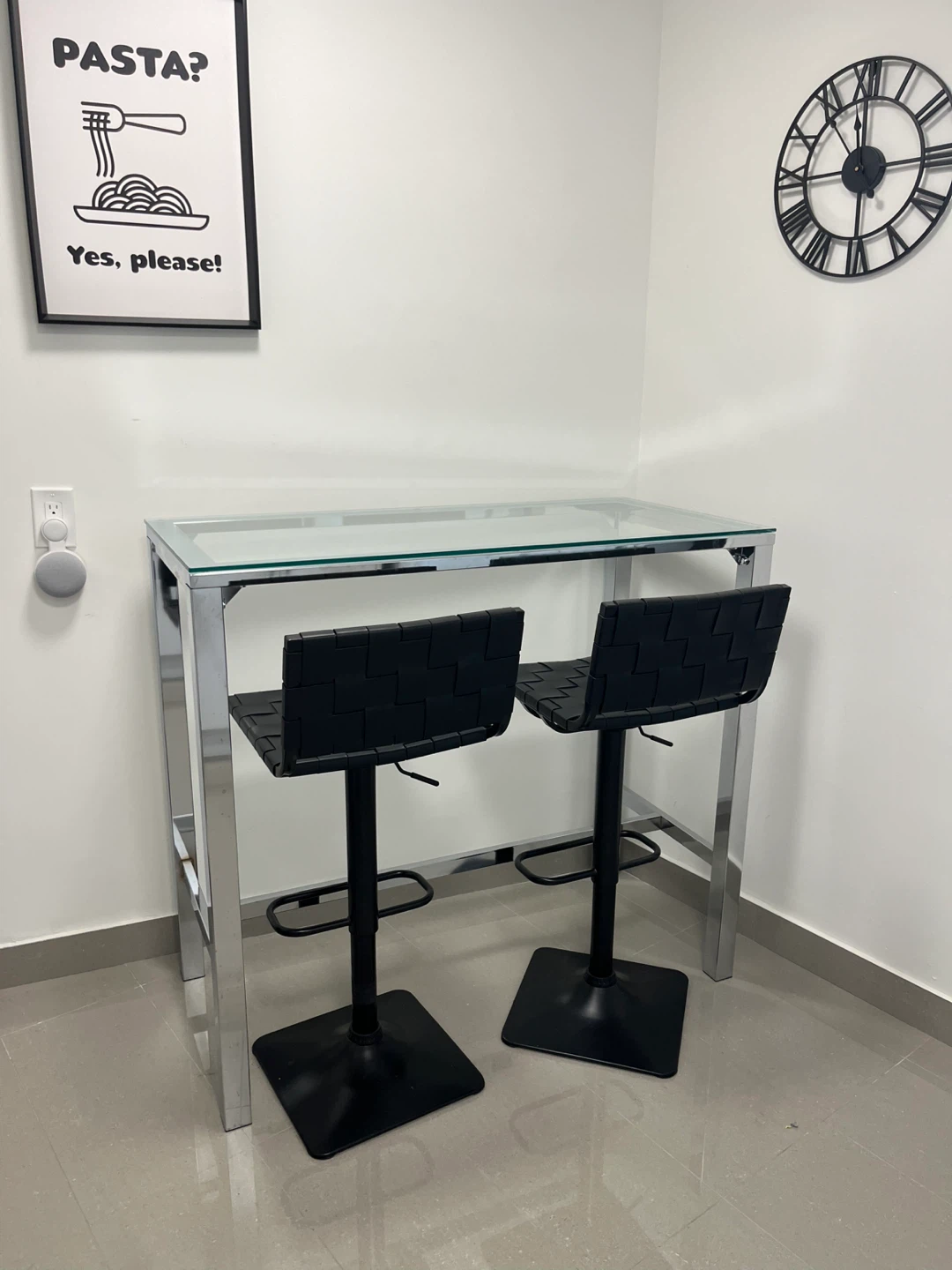 Chrome and Glass Bar Table with 2 Black Stools