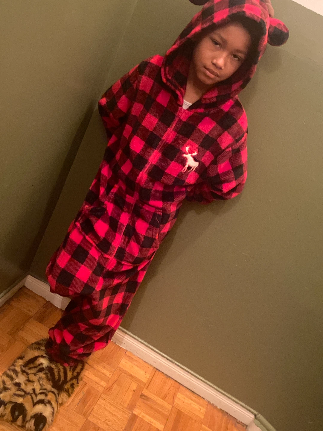 Red and Black Plaid Fleece Onesie with Hood - photo 2