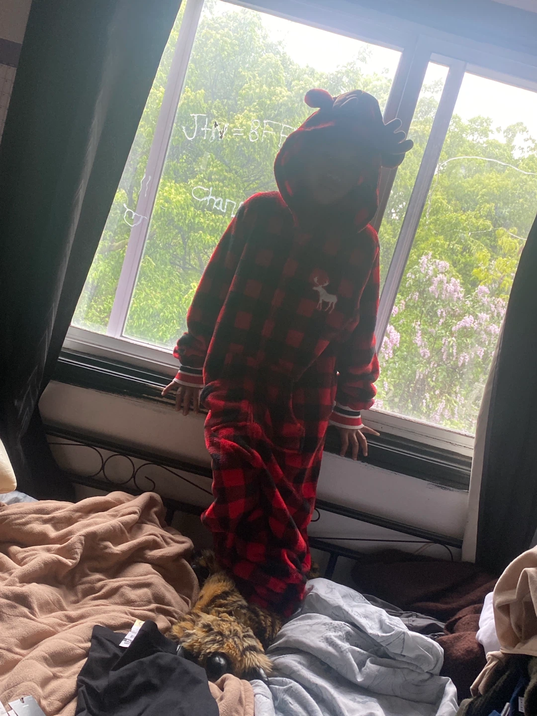 Red and Black Plaid Fleece Onesie with Hood - photo 3