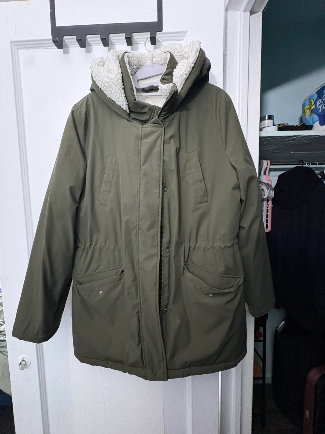 Olive Green Sherpa Lined Hooded Parka