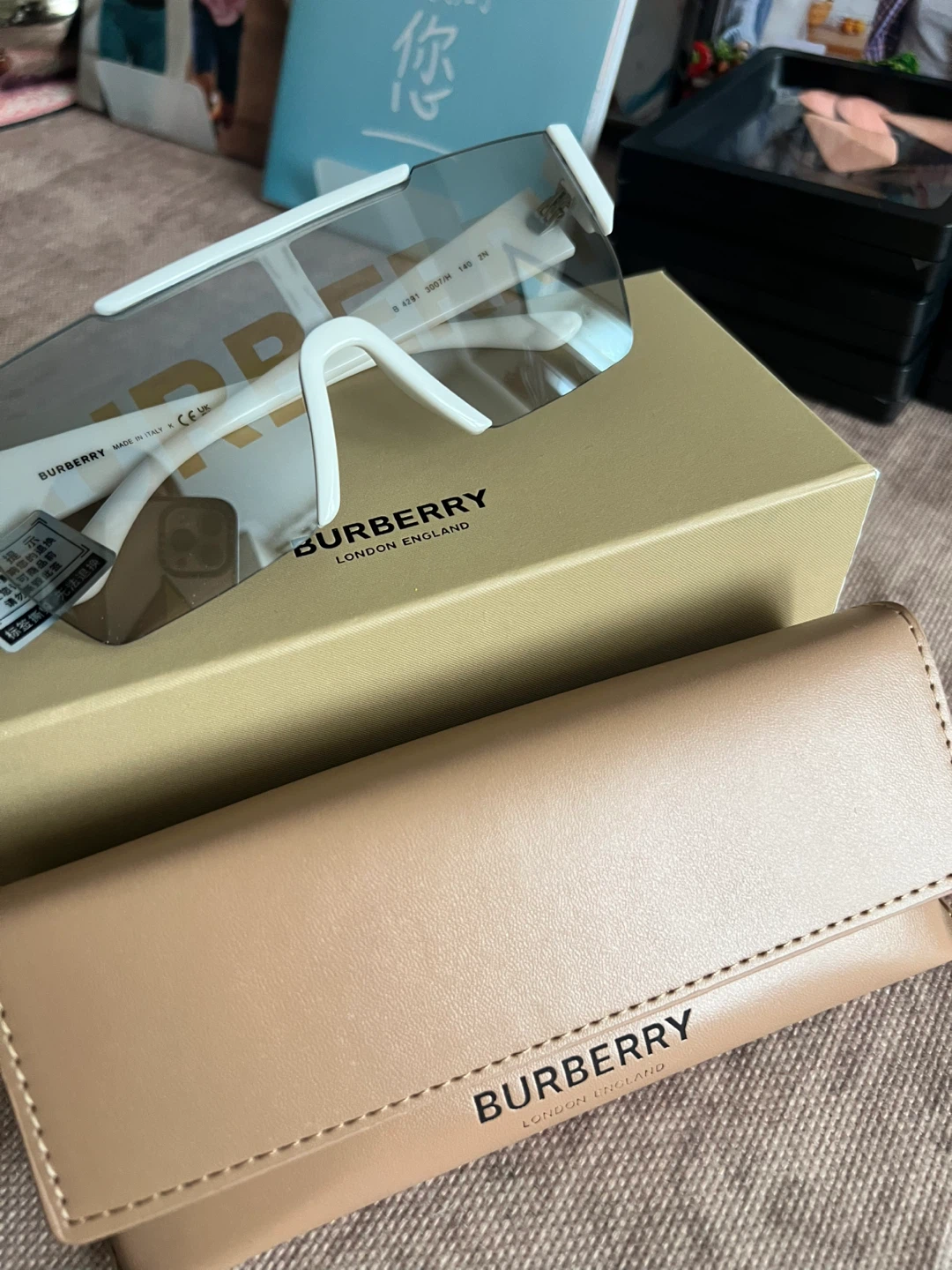 Burberry White Shield Sunglasses with Case and Box