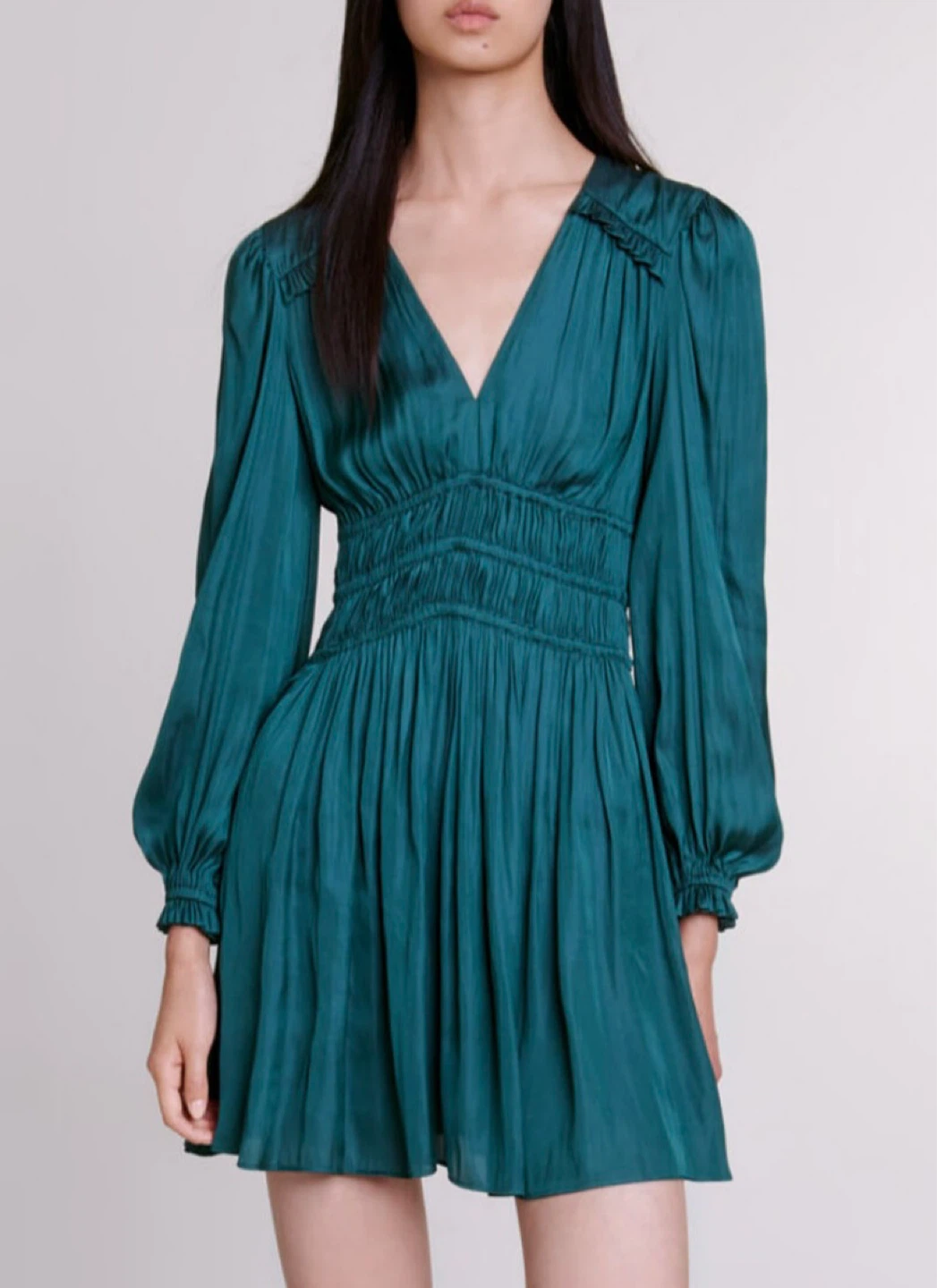 Maje Green V-Neck Smocked Waist Dress
