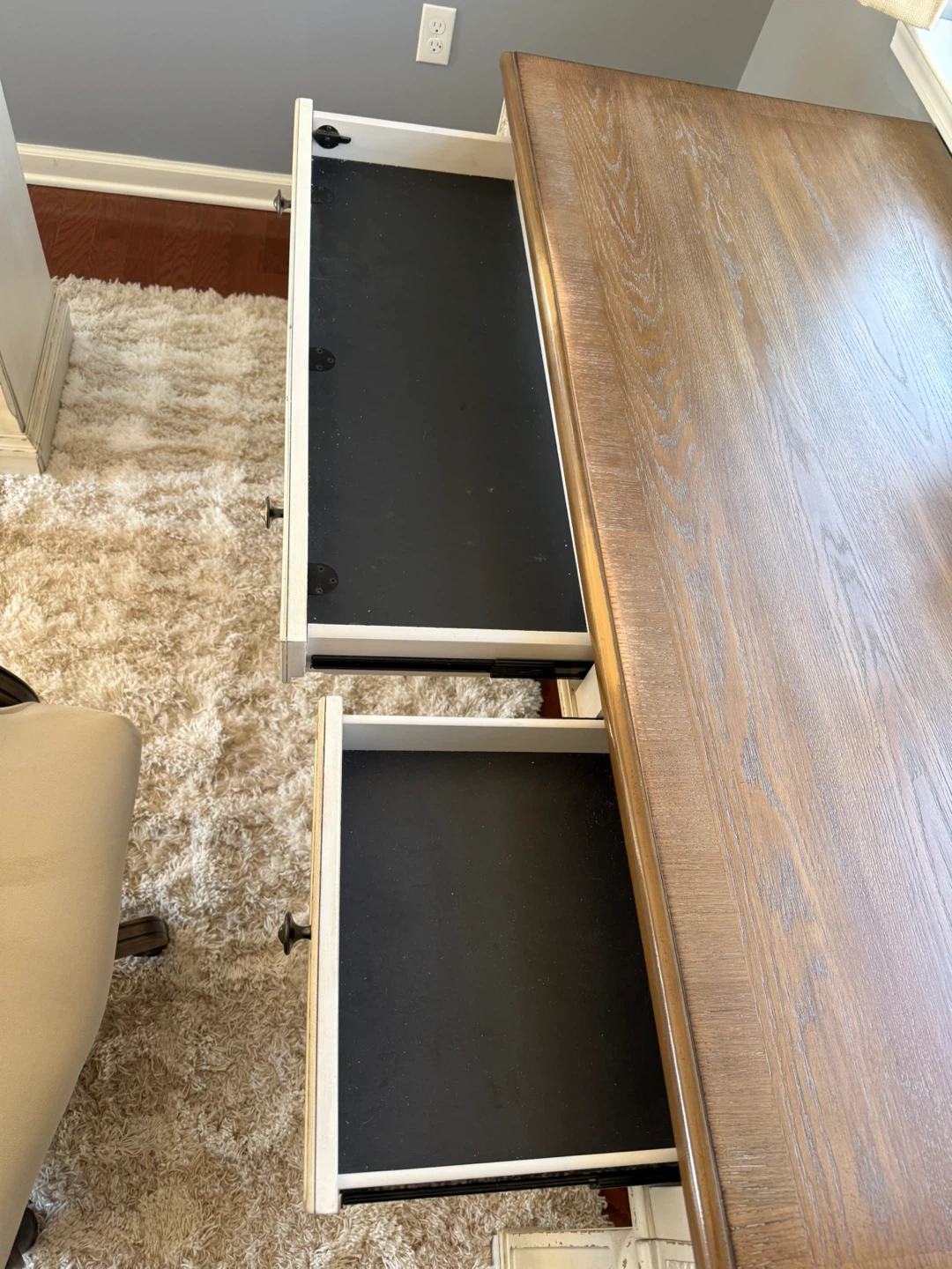 Wooden Desk with Drawers and Integrated Power Outlet