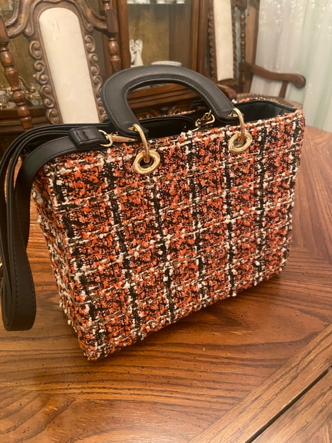 Tweed Tote Handbag with Shoulder Strap