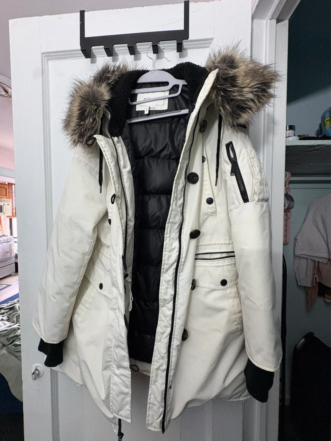 White Puffer Parka Coat with Fur Trim