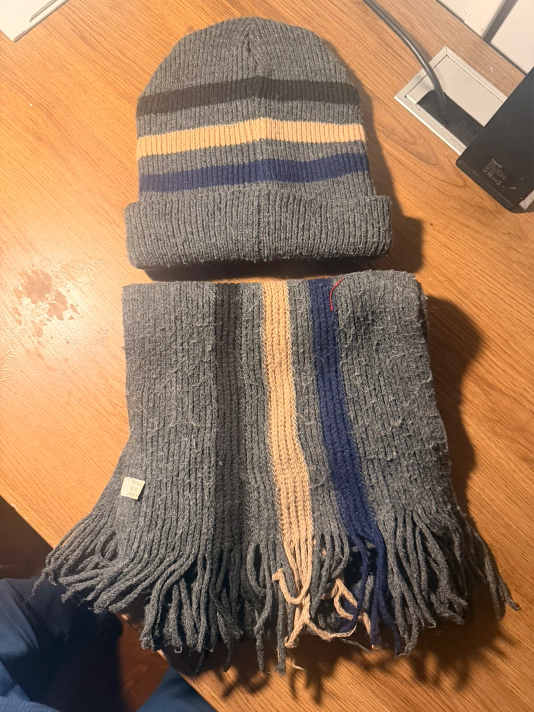 Gray Striped Knit Scarf and Beanie Set