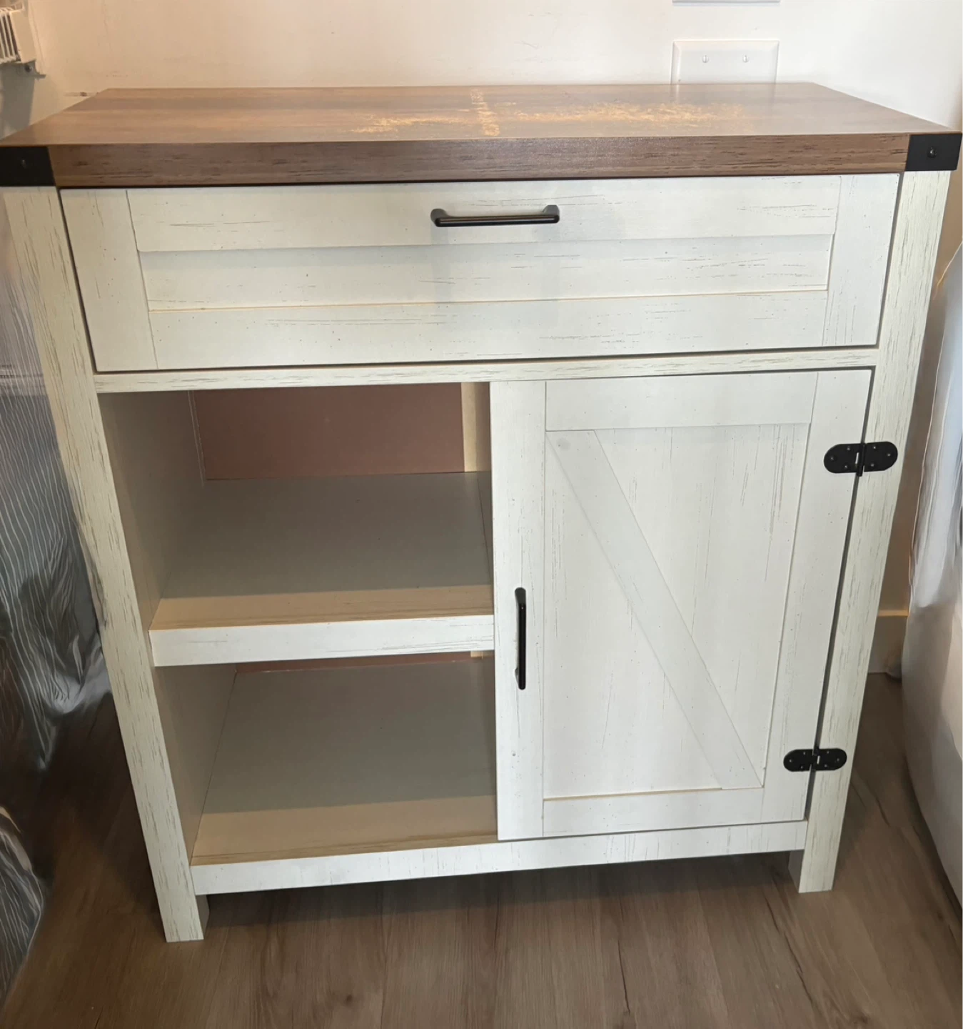 White and Wood Accent Cabinet with Drawer and Cabinet Storage