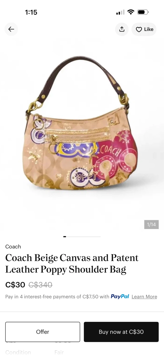 Coach Beige Canvas and Patent Leather Poppy Shoulder Bag