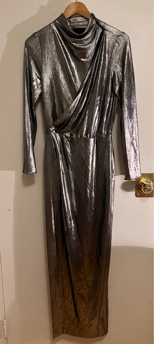 ZARA Metallic Draped Dress - Silver, Size S