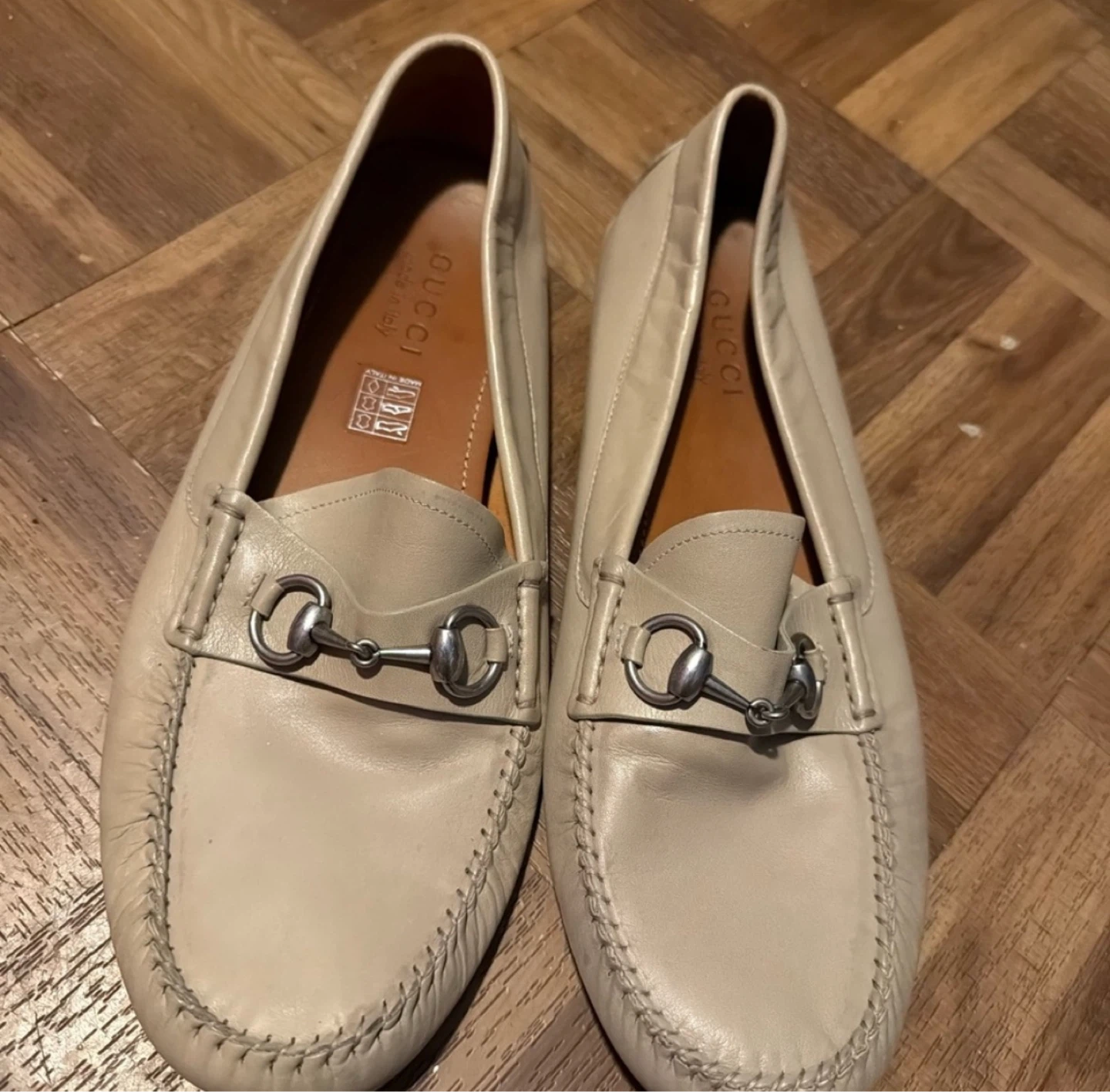 Beige Leather Horsebit Loafers