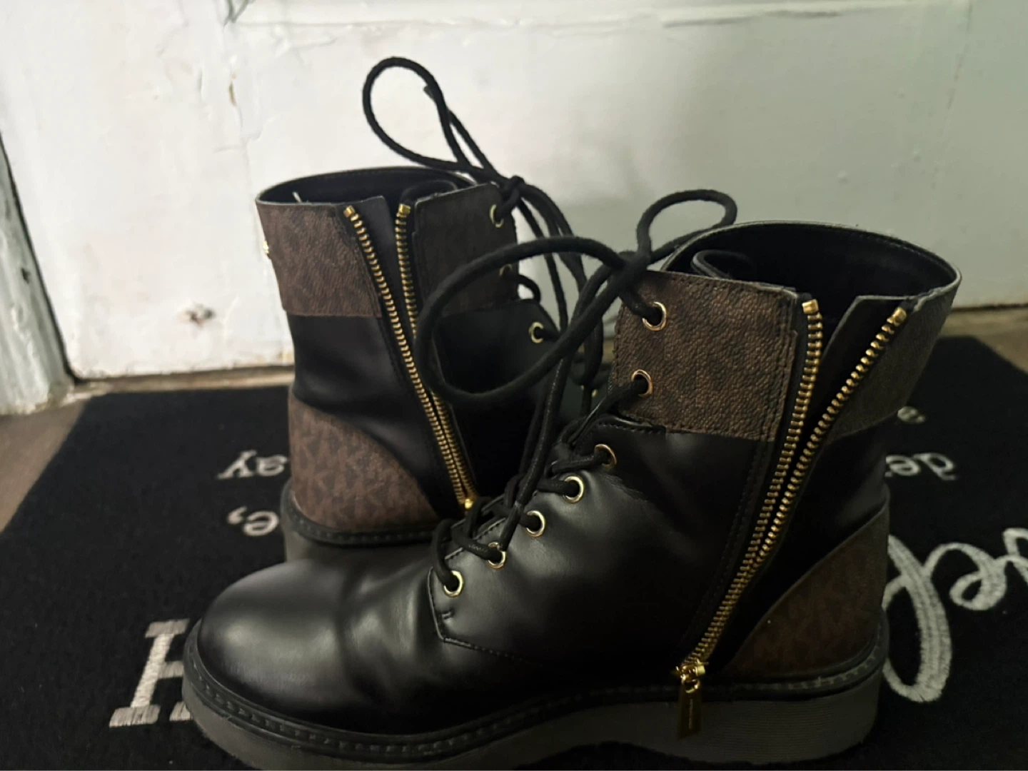 Black Lace-Up Boots with Side Zippers