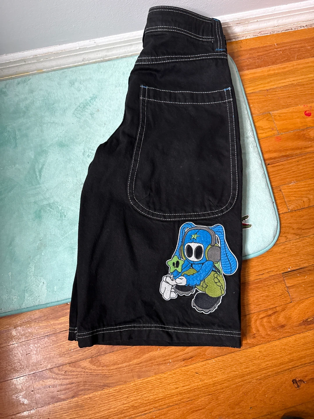 Olab! Black Denim Shorts w/ Character Patches Size 26 - photo 2