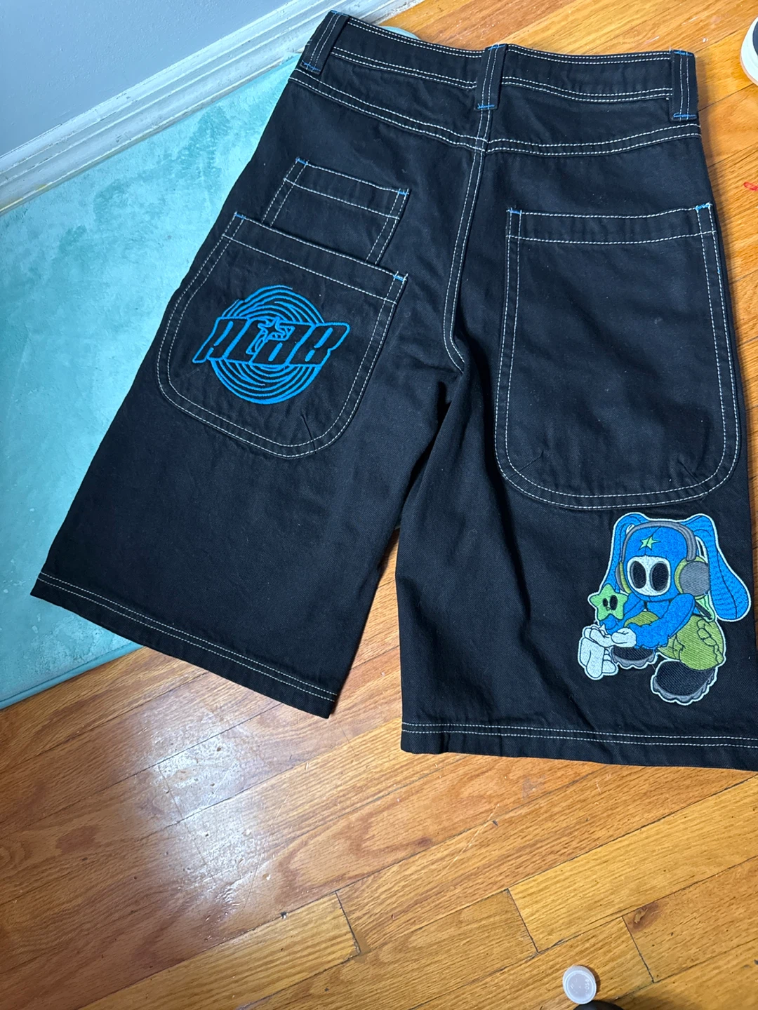 Olab! Black Denim Shorts w/ Character Patches Size 26 - photo 3