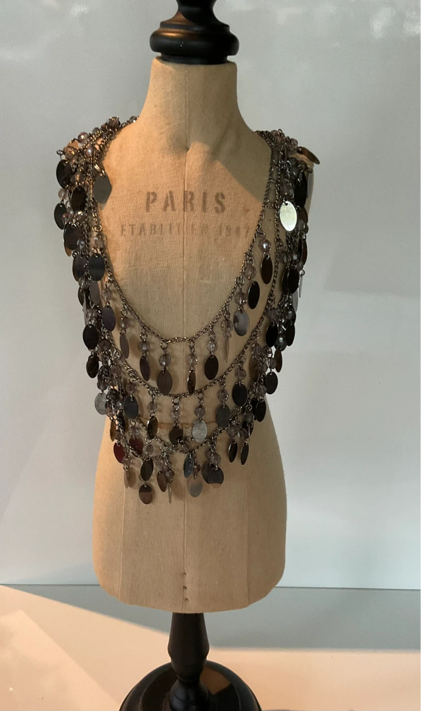 Silver Tone Multi-Layer Chain w/oval metallic charms