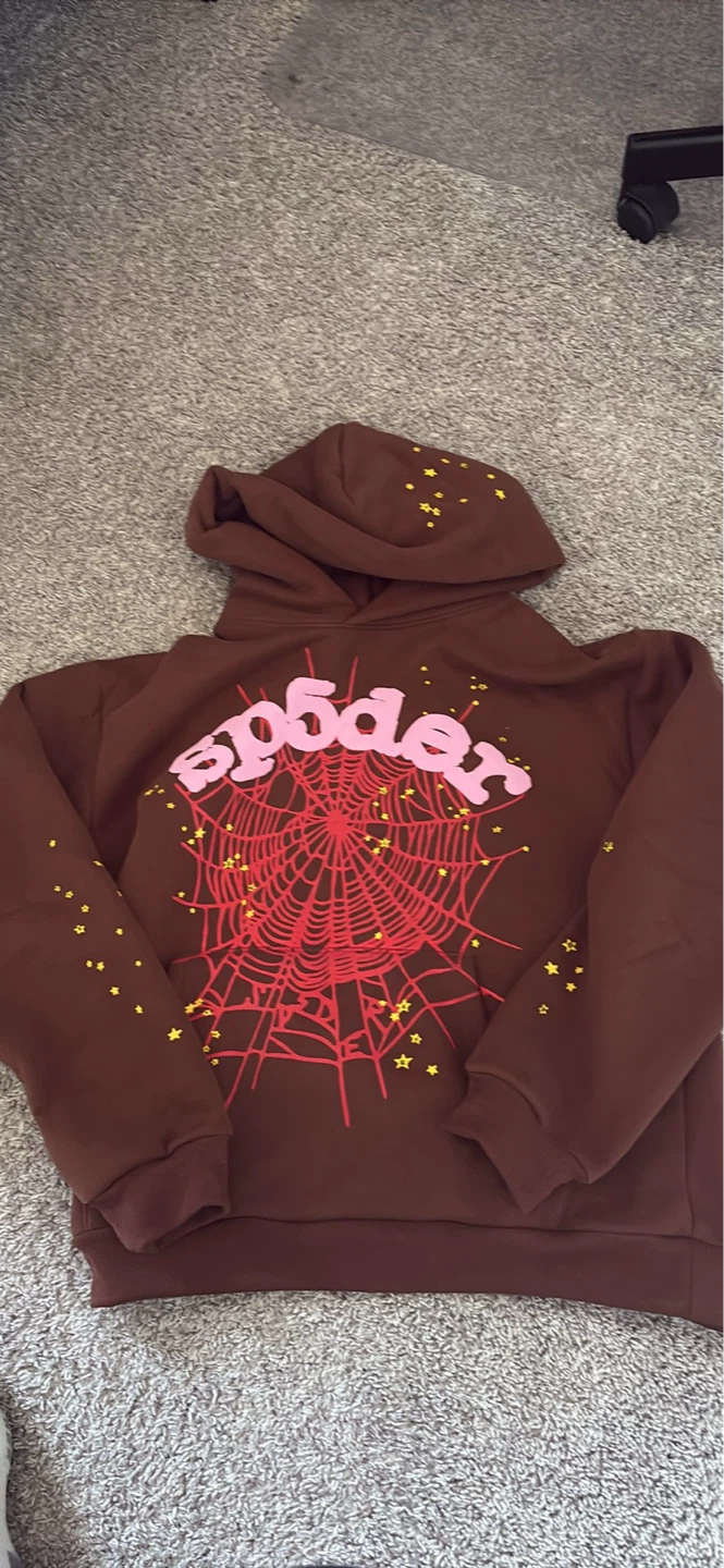 Sp5der Hoodie Brown Spiderweb Design