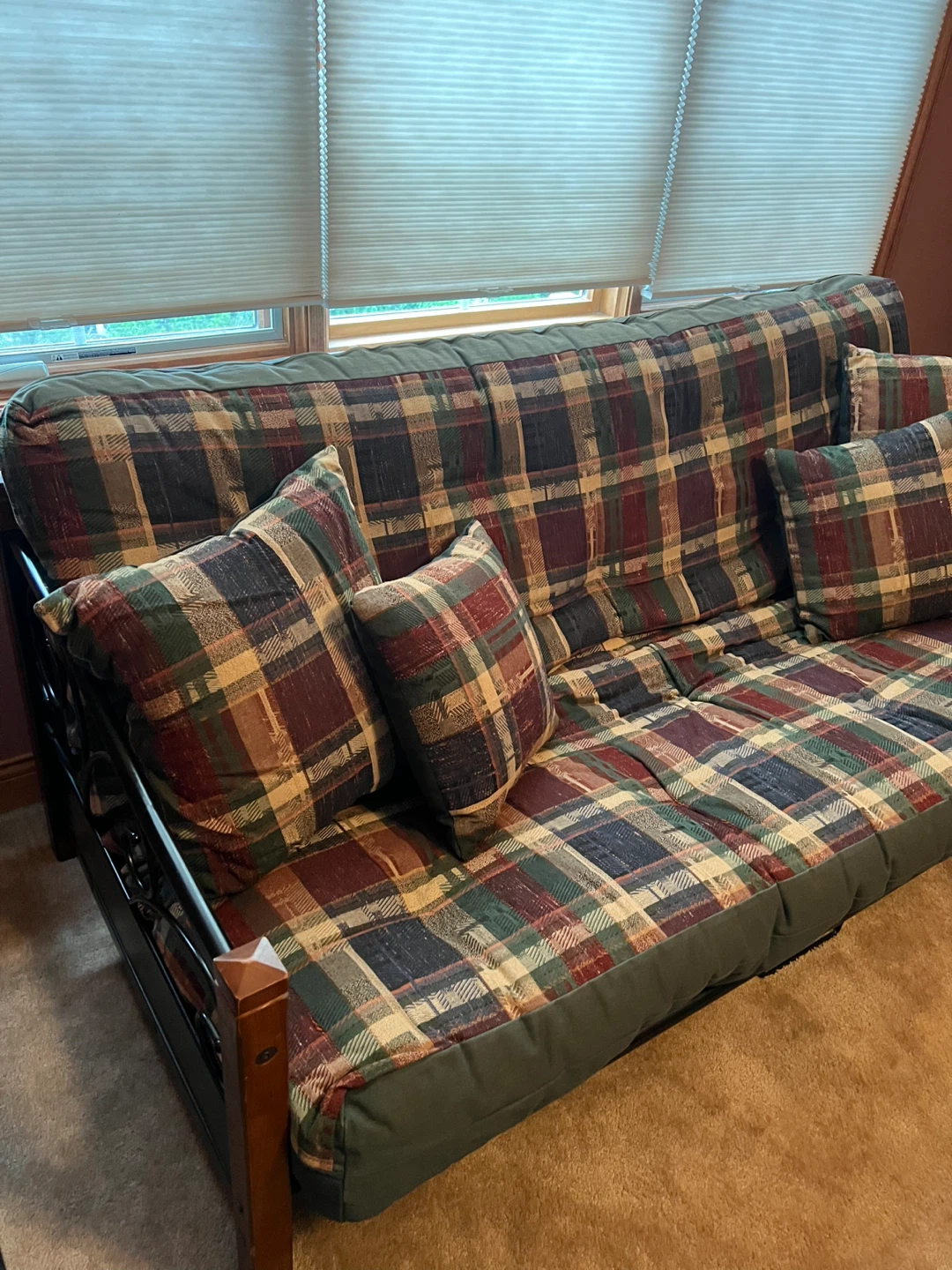 Plaid Futon Sofa with Wooden Frame and Metal Accents - photo 3