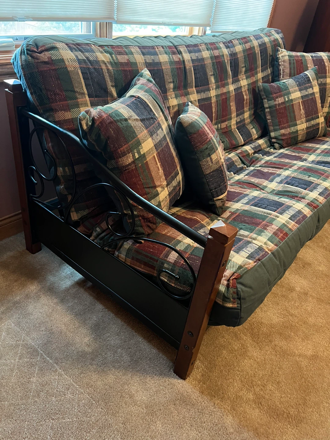 Plaid Futon Sofa with Wooden Frame and Metal Accents