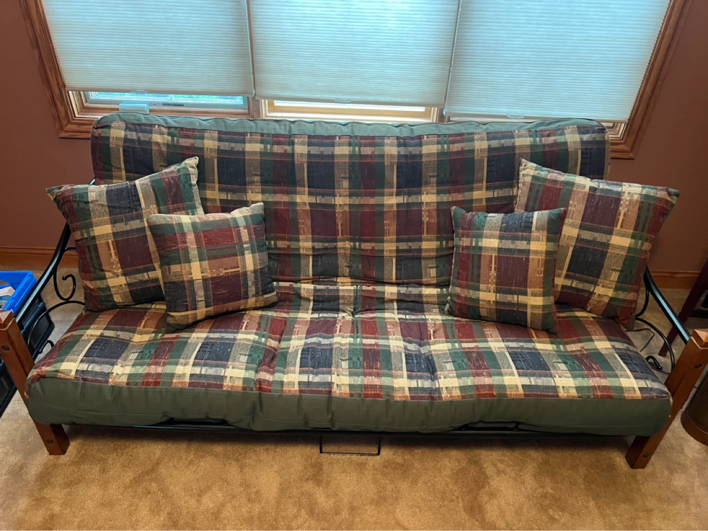 Plaid Futon Sofa with Wooden Frame and Metal Accents - photo 2