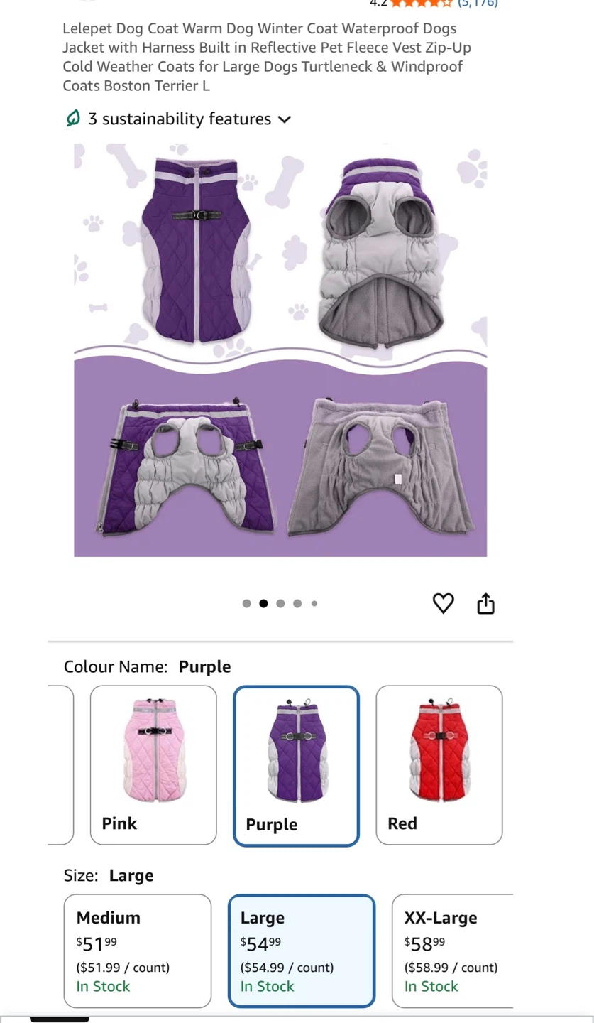 Lelepet Dog Winter Coat - Large, Purple - photo 4