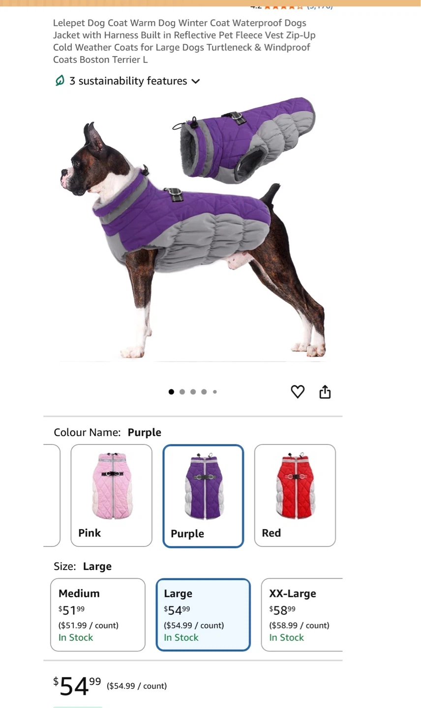 Lelepet Dog Winter Coat - Large, Purple
