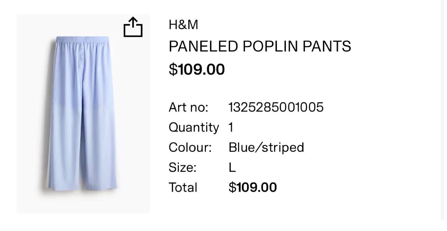 H&M Paneled Poplin Pants - Blue/Striped, Size L - photo 3