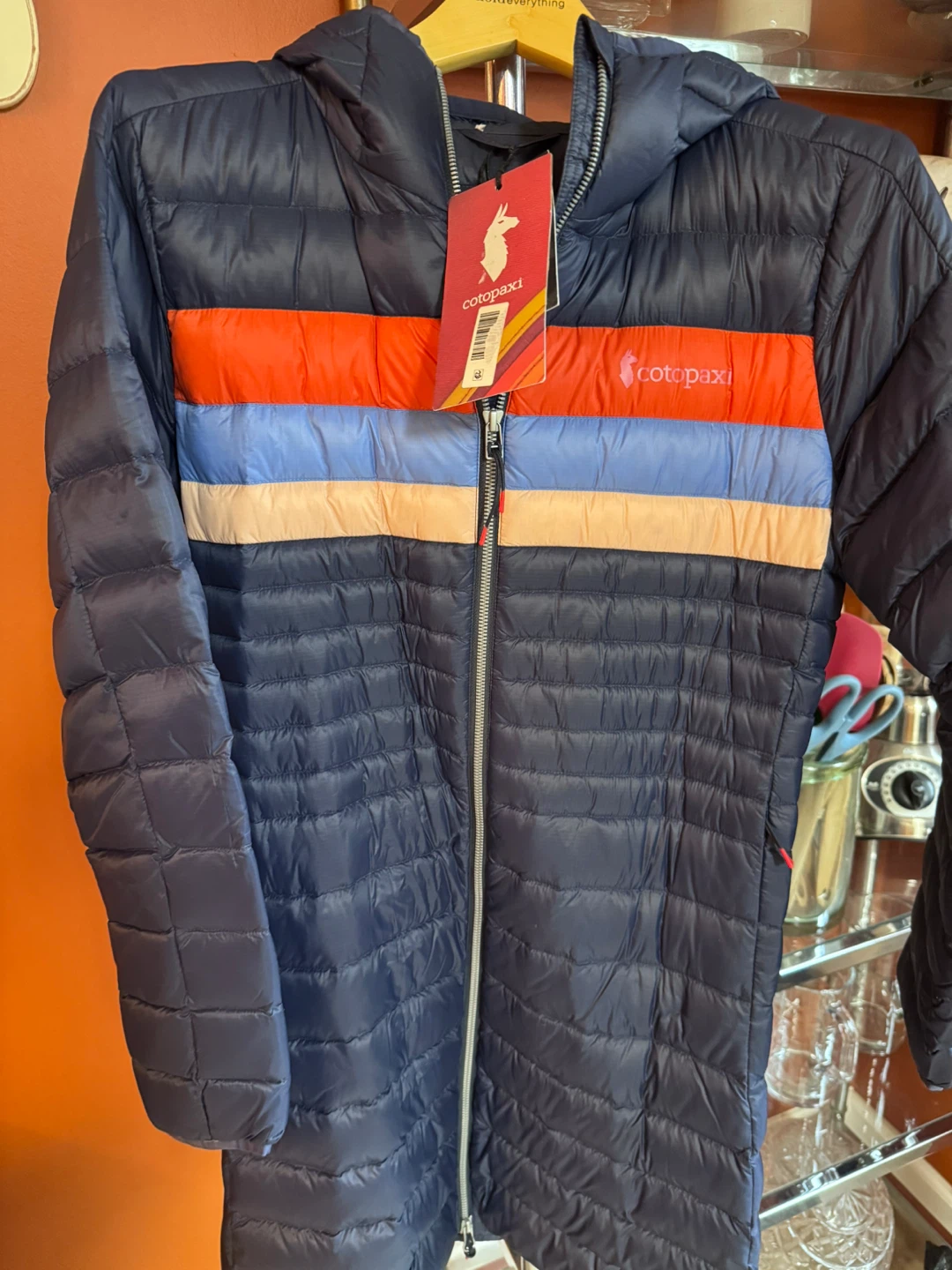 Cotopaxi Down Jacket - Navy Blue with Stripes - Women's XS
