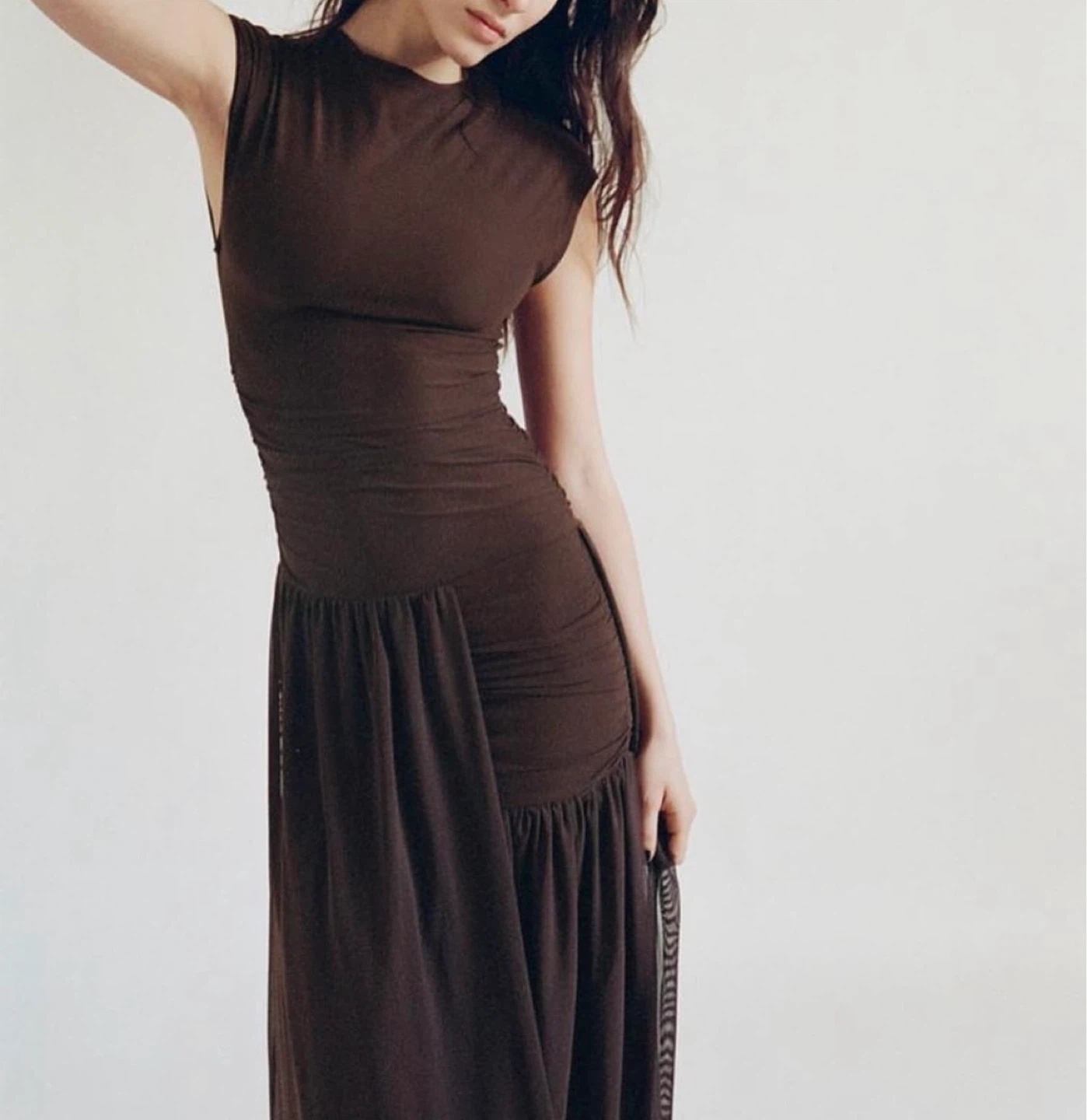 Zara Brown Ruched Maxi Dress Size S NWT