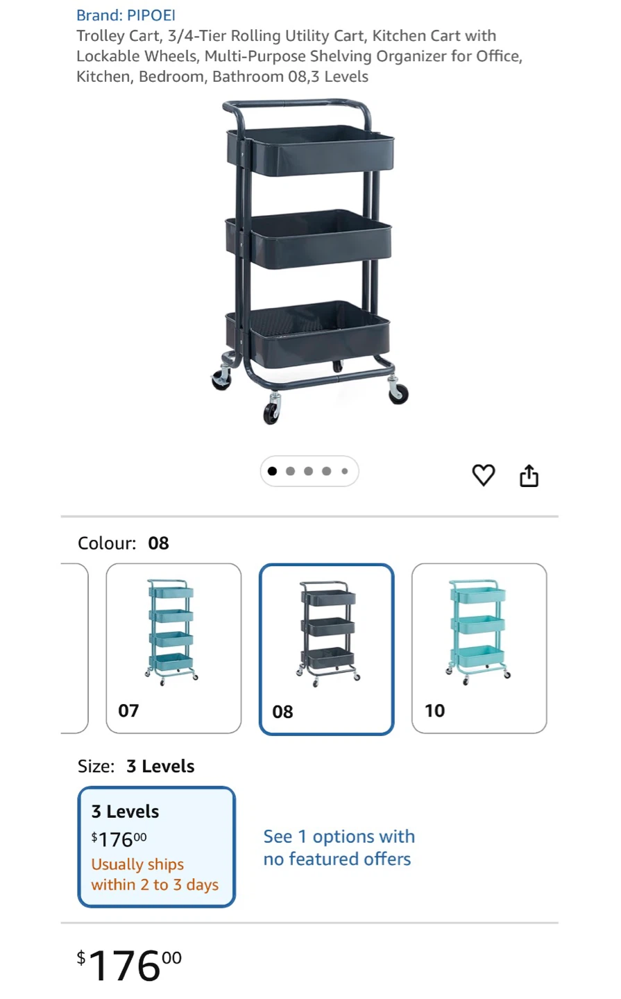 PIPCEI 3-Tier Rolling Utility Cart - Dark Grey - photo 2