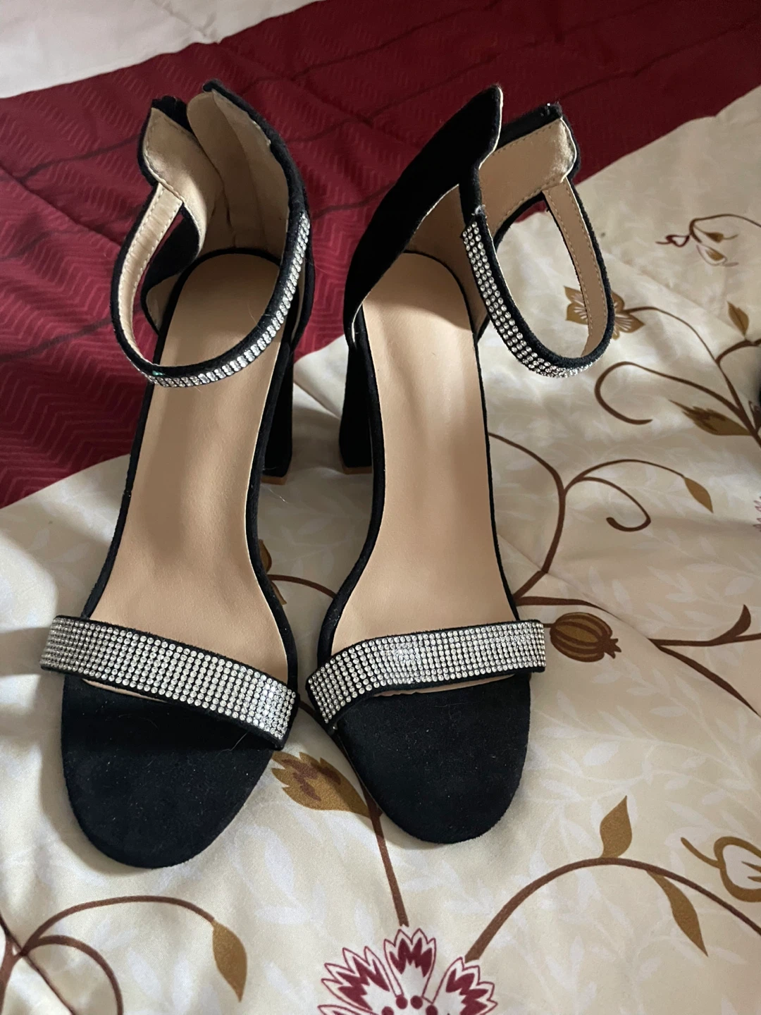 Women's Black and Silver Heeled Sandals with Rhinestones